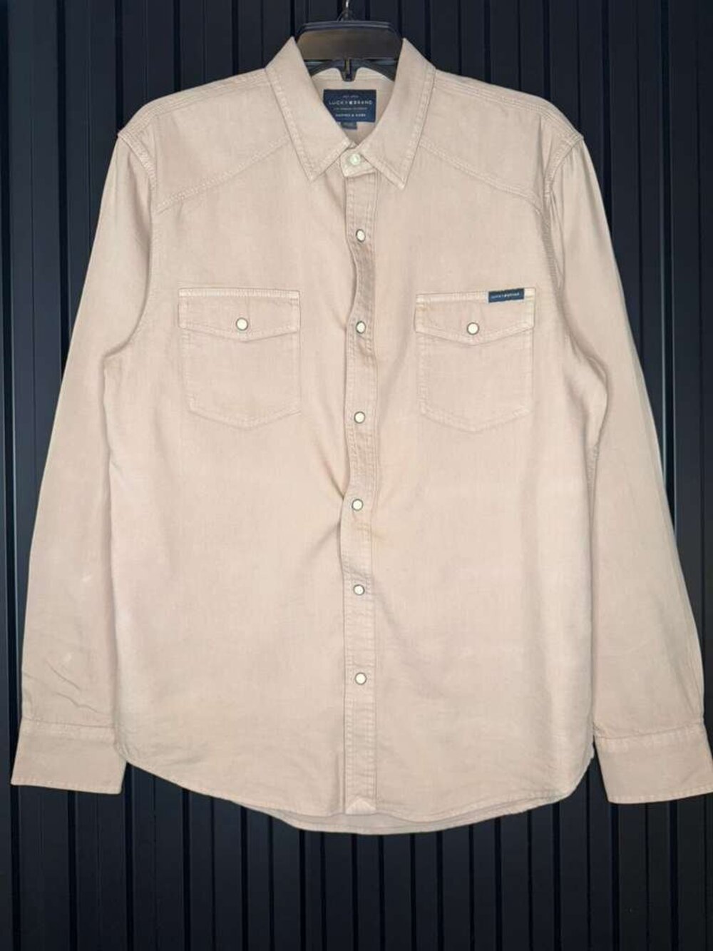Vintage Lucky Brand Mens Washed & Worn Western Shirt M Tan Khaki Pearl Snap
